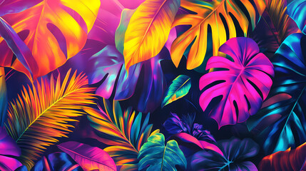 Colorful abstract floral wall art of a vibrant jungle rainforest with lush plants bright neon colors horizontal maximalist summer poster. Lush Neon Rainforests. Illustration