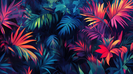 Abstract art painting of a vibrant jungle rainforest with diverse plants. bright neon colors horizontal poster design. Lush Neon Rainforests. Illustration