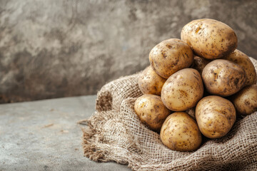 Fototapeta premium A Freshly harvested organic potatoes stacked on burlap with earthy tones