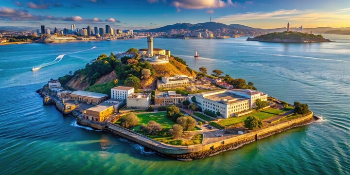 Rule of thirds composition elevates this aerial shot of Alcatraz Island, dominating the San Francisco Bay.