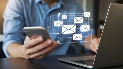 Man manages emails on phone and laptop simultaneously