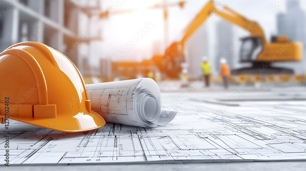 Aufkleber Teamwork and Progress at a Construction Site with Hard Hats and Blueprints Laid Out on a Concrete Foundation with Blurred Background of Construction Workers and Machinery in Motion