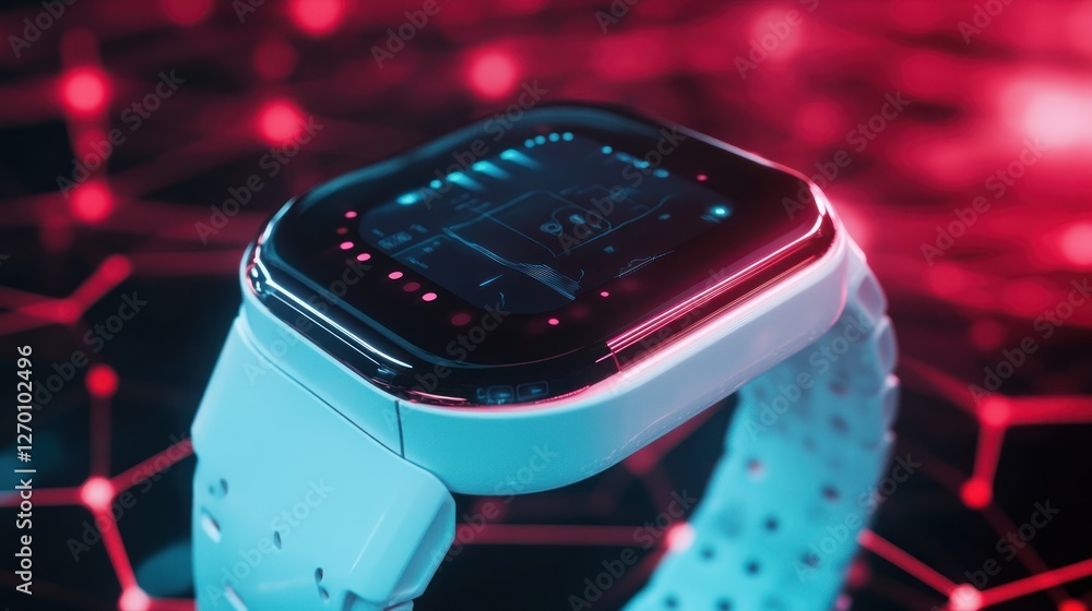 Poster futuristic smartwatch displaying data with a glowing network background