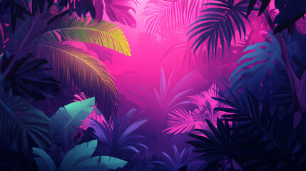 Pink neon square in lush tropical foliage. Lush Neon Rainforests. Illustration