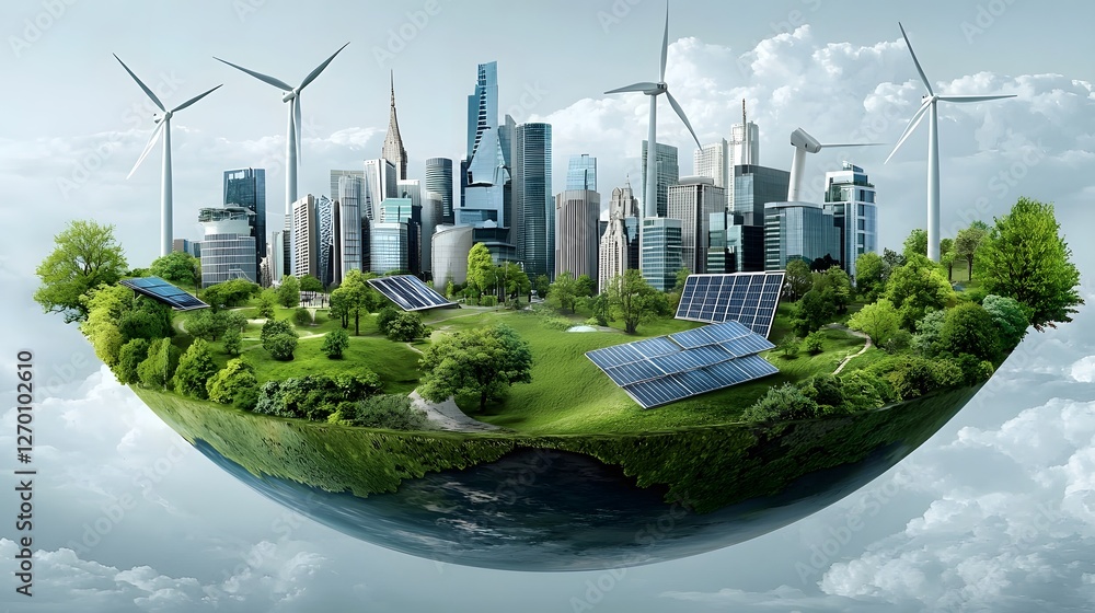 Poster an depiction of a futuristic green smart city levitating in the sky surrounded by lush parks and sel