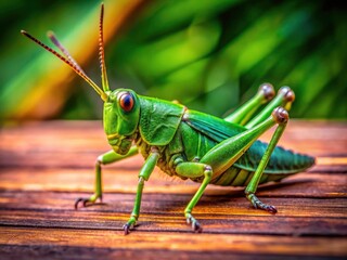 Rule of thirds composition showcases a detailed 4K macro shot of a green grasshopper on a table.