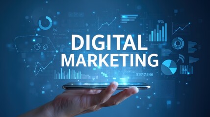 Hand holding a smartphone with digital marketing elements around it