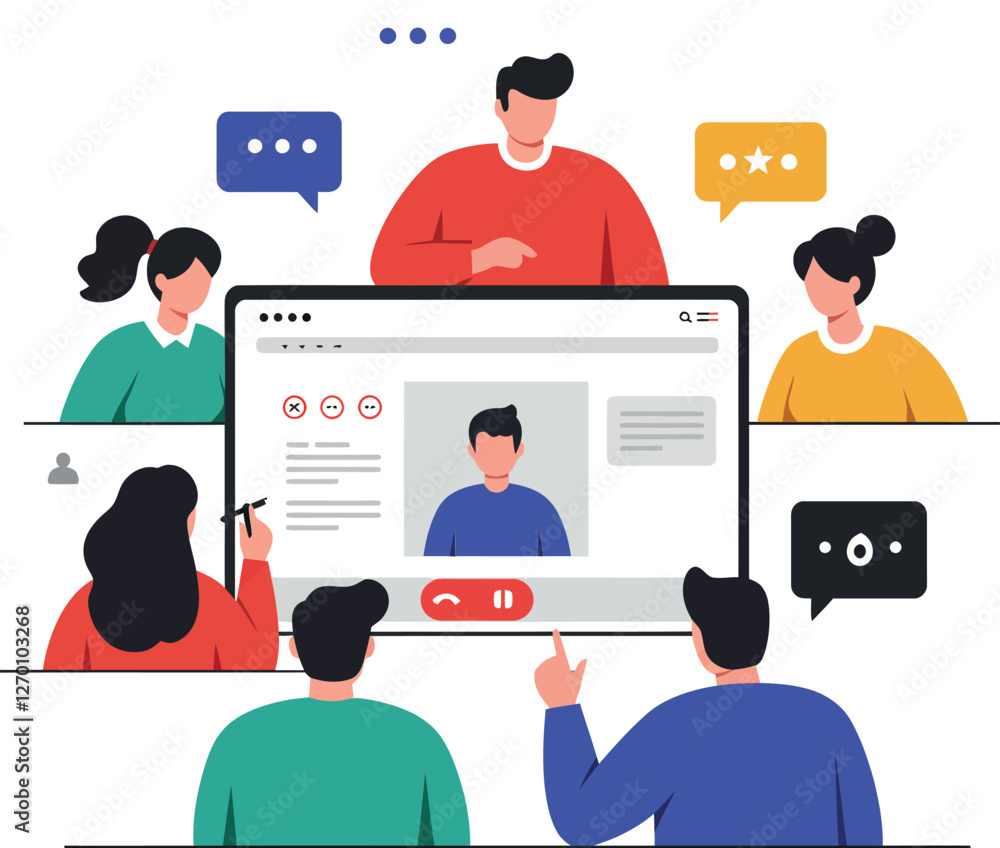Poster engaging virtual meeting scene with colorful characters in flat vector art