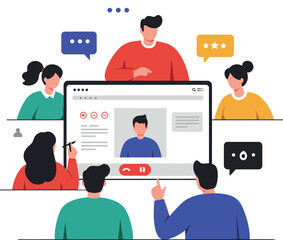Engaging virtual meeting scene with colorful characters in flat vector art