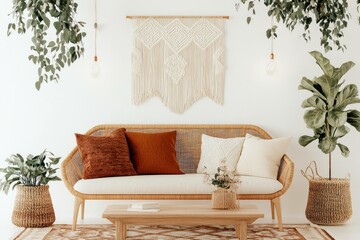 Cozy and stylish bohemian living room with natural decor, featuring a rattan sofa, earthy tones, and greenery for a warm ambiance