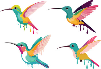 Obraz premium Colorful hummingbird collection watercolor art illustration liquid fluid texture