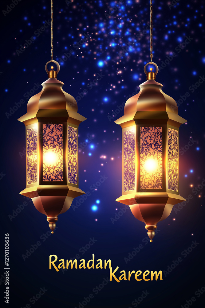 Poster ramadan kareem greeting card with two hanging arabic lanterns glowing on bokeh lights background