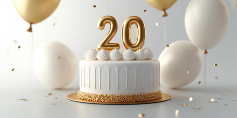 Delicious cake celebrating a 20th anniversary or birthday with balloons and confetti
