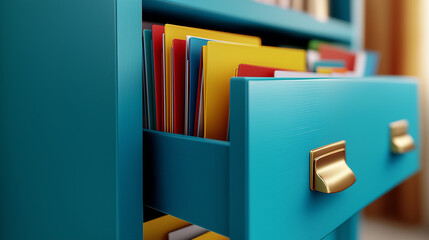 Colorful folders inside open drawer of teal cabinet in modern office