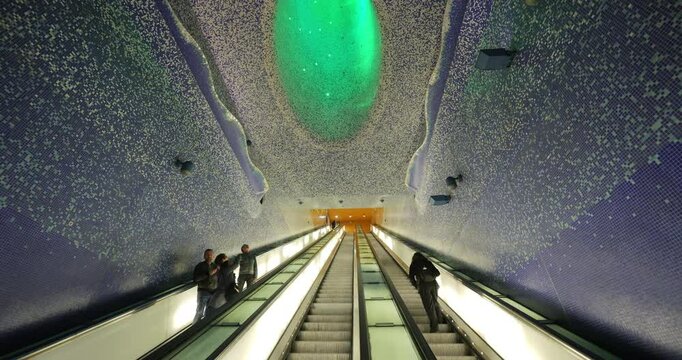 The shining multicolor ceiling artwork of the famous Toledo metro station in Naples, Italy, considered the most beautiful station in Europe