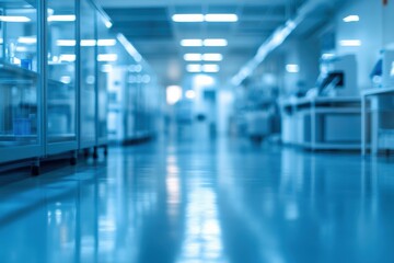 Fototapeta premium Blurred high-tech research facility with abstract light bokeh and empty workspace