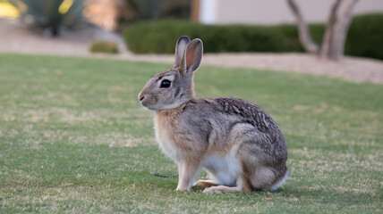 AI generative photo of a Desert Cottontail Rabbit, Sylvilagus audubonii, sitting on a manicured lawn and feeding on the lush grass. The rabbit is sitting upright on its hind legs.