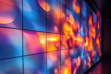 Vibrant abstract digital display wall showcasing glowing blue and orange patterns