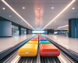 Vibrant suitcases on a baggage carousel airport terminal travel photography modern environment wide angle colorful journey