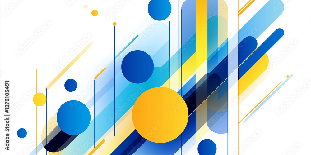 Poster Abstract geometric background featuring blue and yellow overlapping shapes and circles