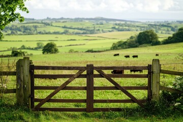 Wooden farm gate opens to lush pasture and grazing cattle in countryside