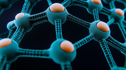 Complex teal molecular structure forming hexagonal grid with orange spheres