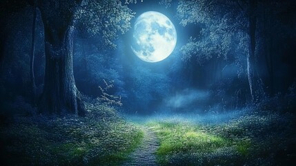 Fototapeta premium Moonlit path through a mystical forest at night.