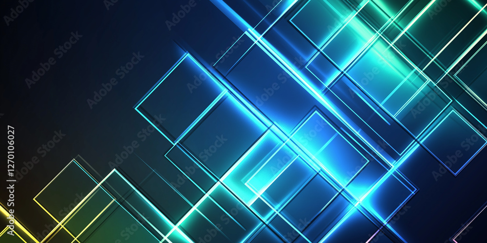 Poster Neon blue and green squares creating dynamic abstract background