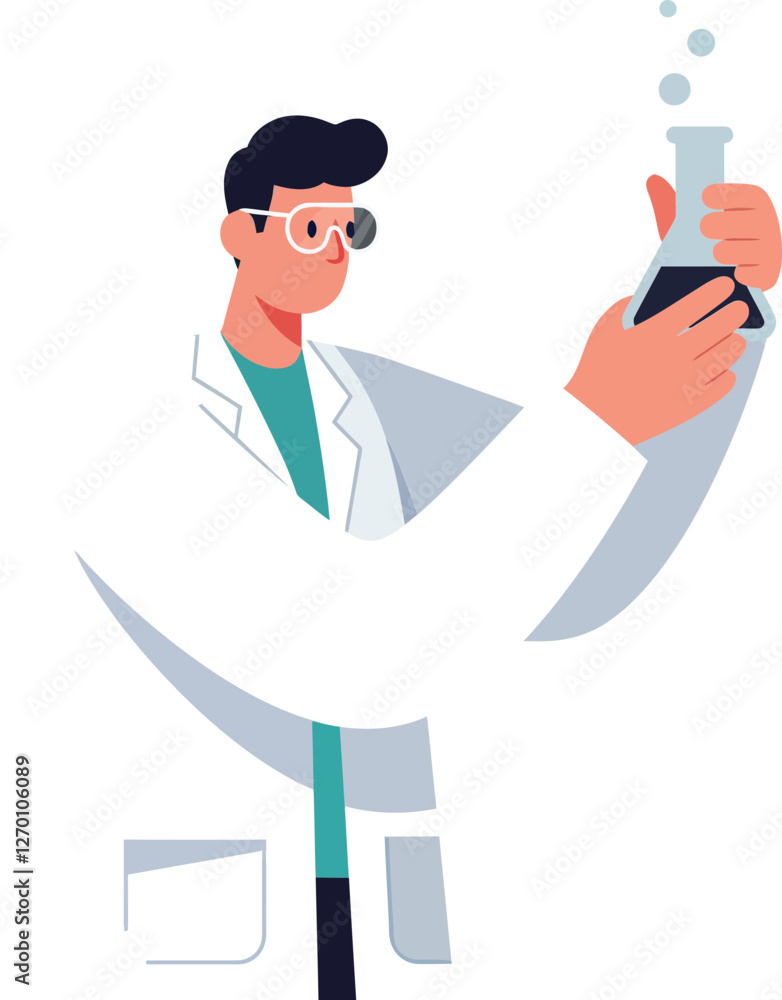 Poster scientist in lab coat holding a flask in flat vector art