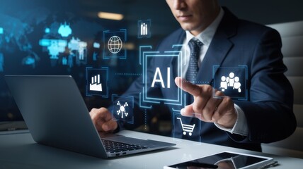 Businessman interacts with artificial intelligence digital interface on laptop