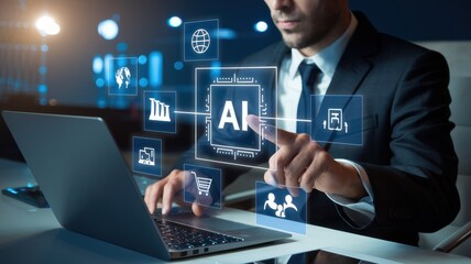 Businessman interacting with artificial intelligence icons on his laptop