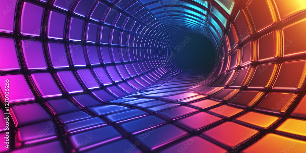 Poster colorful tunnel rotating with glowing neon tiles creating abstract background