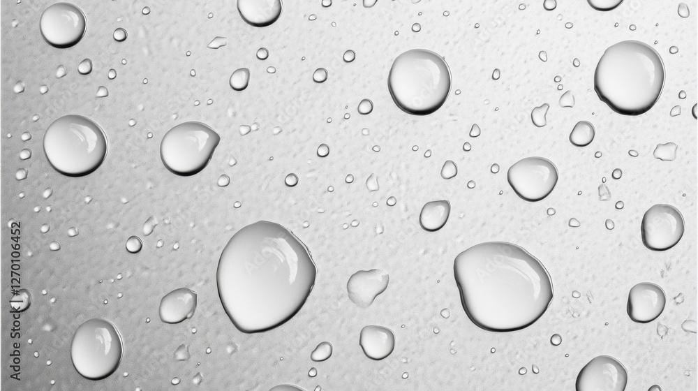 Poster Delicate water droplets rest on a shiny surface, merging and forming intricate patterns that reflect light, evoking a sense of calm serenity and natural beauty