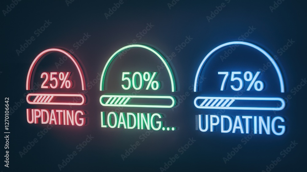 Poster three neon loading progress bars at different percentages