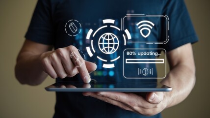 Man using tablet with global connectivity and update progress