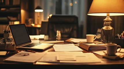 Obraz premium Cozy workspace with a laptop, documents, and a cup of coffee in warm light