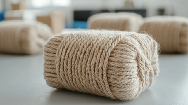 Beige yarn ball on table, packages blurred background, craft supplies