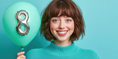 Smiling woman holding a foil balloon to the shape of the number 8. Background for March 8, International Women's Day