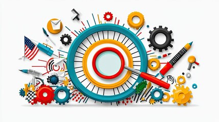 Creative engineering solution, with US flag, gears, and objects scattered on a white background for brainstorming