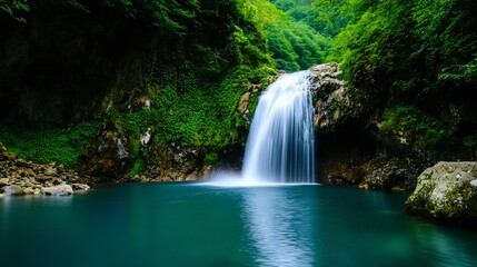 Obraz premium Tranquil Waterfall Surrounded by Lush Green Forest Landscape