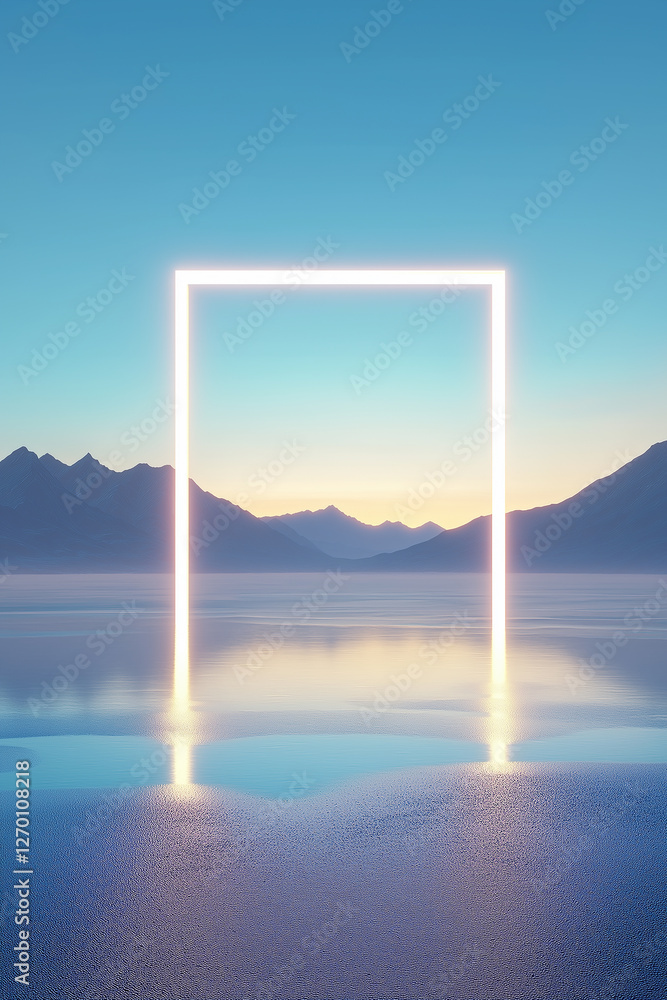 Poster glowing rectangular portal emerging from calm lake reflecting mountains at sunset