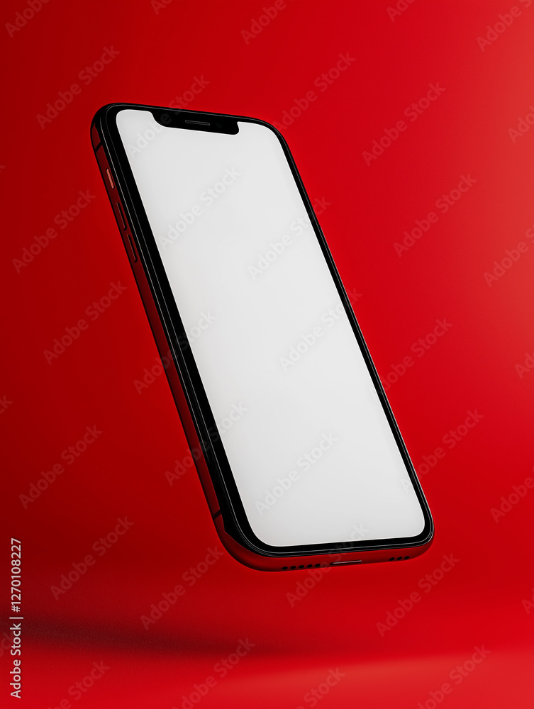 Poster modern smartphone floating on red background showing blank screen