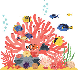 Fototapeta premium Colorful coral reef scene with vibrant fish in flat vector art