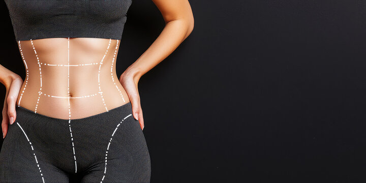 Torso of slim, skinny body woman with drawn contour lines. Creative concept of slimming and body contour correction.