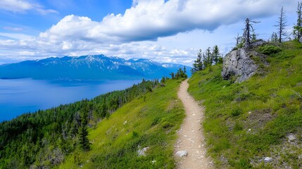 Scenic Hiking Trail Overlooking Serene Mountainous Landscape