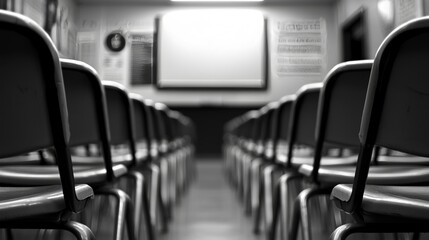 Focused view of an empty classroom with metal desks and plastic chairs, a blurred projector screen and educational charts on the walls