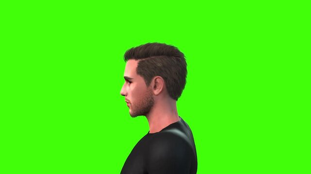 4k  boy negatively waves his head making NO never gesture animation with a close view on a green screen, The 3D character of a man shows a rejected attitude responding to disapproval on chroma key