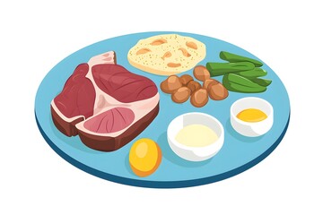 A Culinary Feast: A tempting array of gourmet dishes, including a perfectly cooked steak, are beautifully arranged on a vibrant plate.