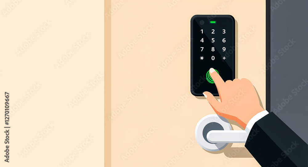 Poster hand using digital door lock with keypad and fingerprint scanner
