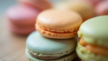 Fototapeta premium A close-up of a macaron's soft, fluffy texture with smooth shell. Lighting highlights its delicate and colorful texture.